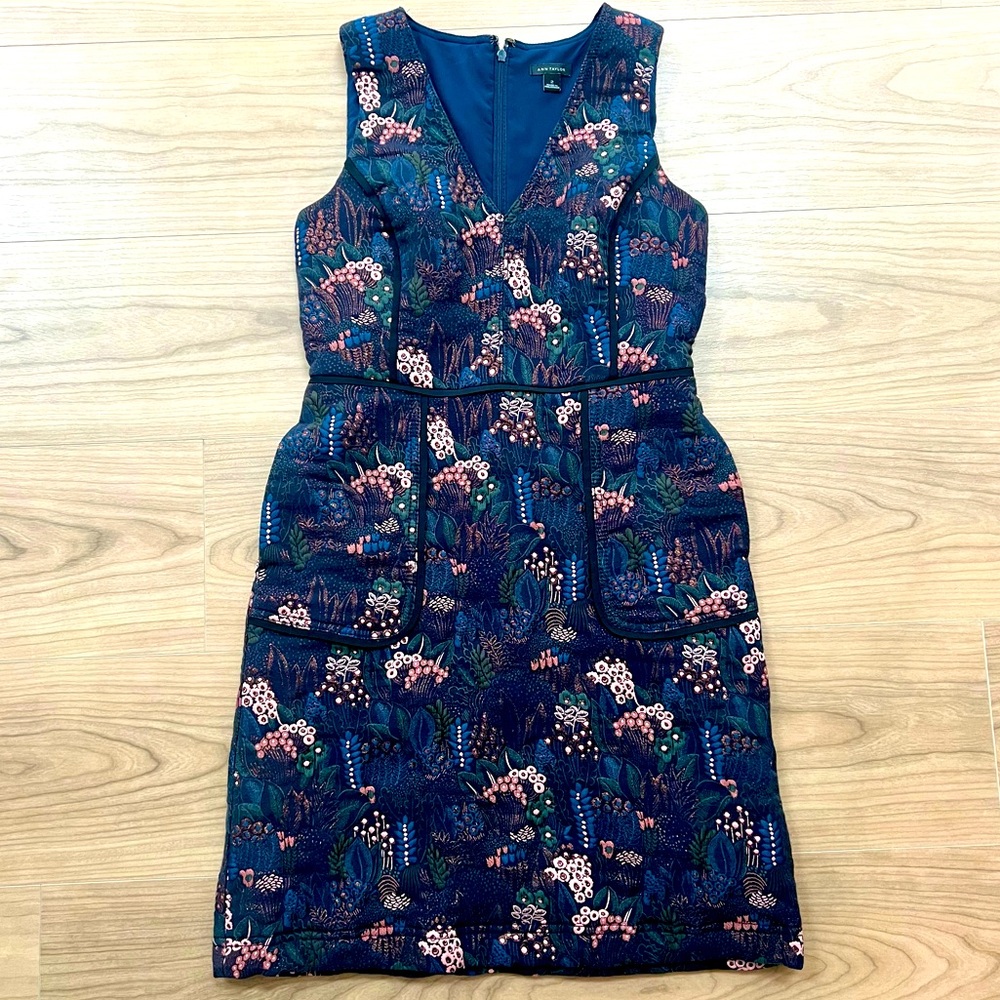Sleeveless Pocket Flower Embroidered Blue and Black Textured Dress - Size 2